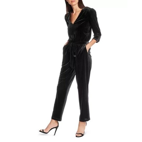 1.STATE Womens Velvet One Piece Jumpsuit Black XL V-Neck Stretch Puff 3/4 Sleeve - Picture 3 of 10